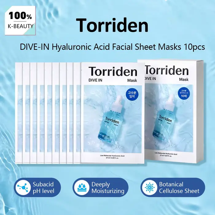 Masques faciaux en feuille d'acide hyaluronique Torriden DIVE-IN, 10 pièces, fins et conformes à la 